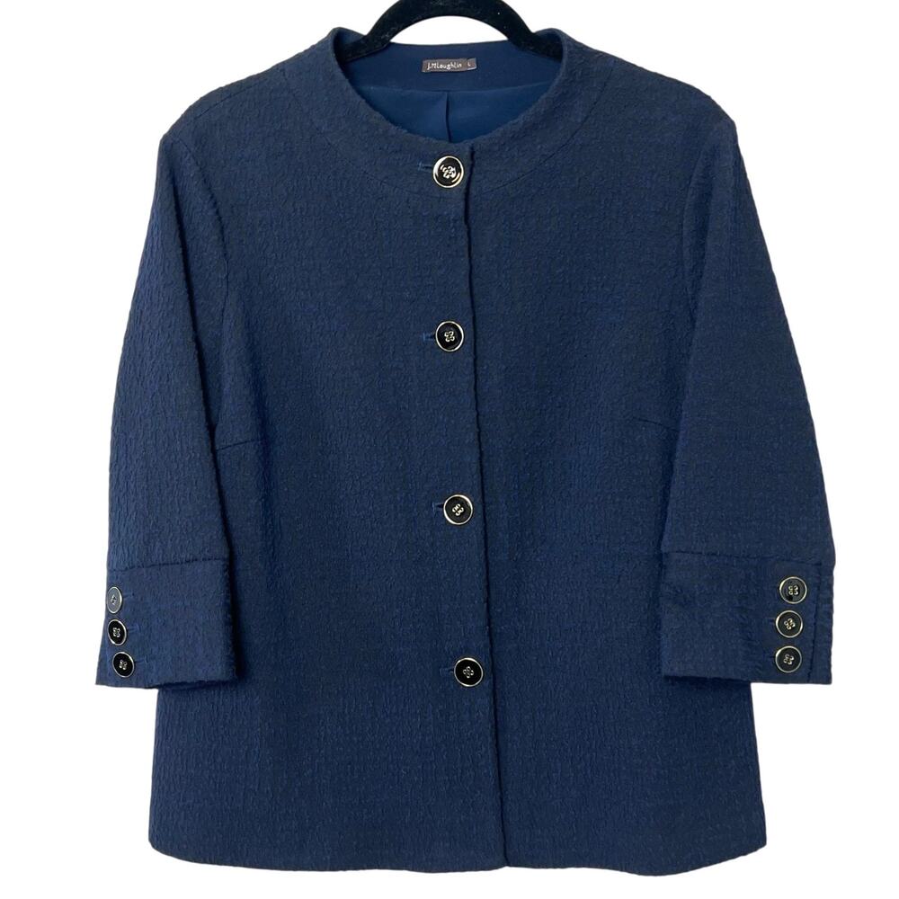 J. McLaughlin Classic Cardigan Jacket Blue Black Textured Fabric 3/4 Sleeves